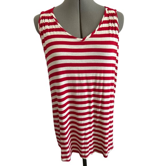 Faith & Joy Red & White L Striped Sleeveless V-Neck Tank Top With Back Bow Tie - Picture 1 of 7